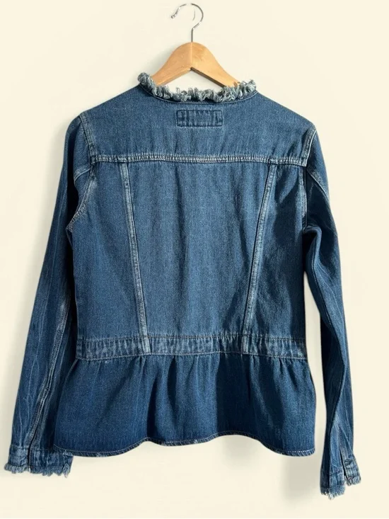 Suzanne Betro Y2K Denim Peplum Jacket Frayed Trim Button Front Medium - Picture 2 of 5